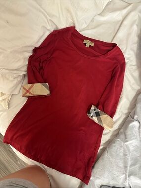 Authentic Burberry Red Long Sleeve Cotton Top with Signature Check Cuffs